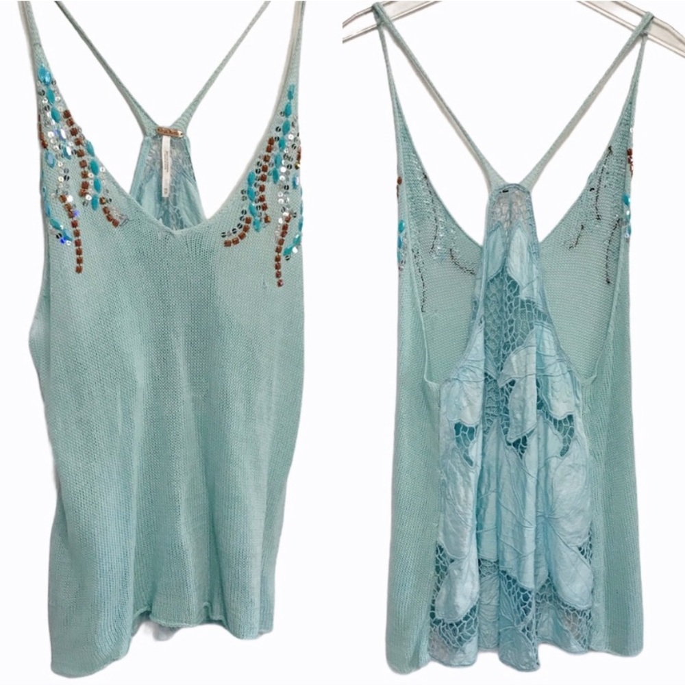 Free People Embroidered Lace Back Knit Tank Top XS